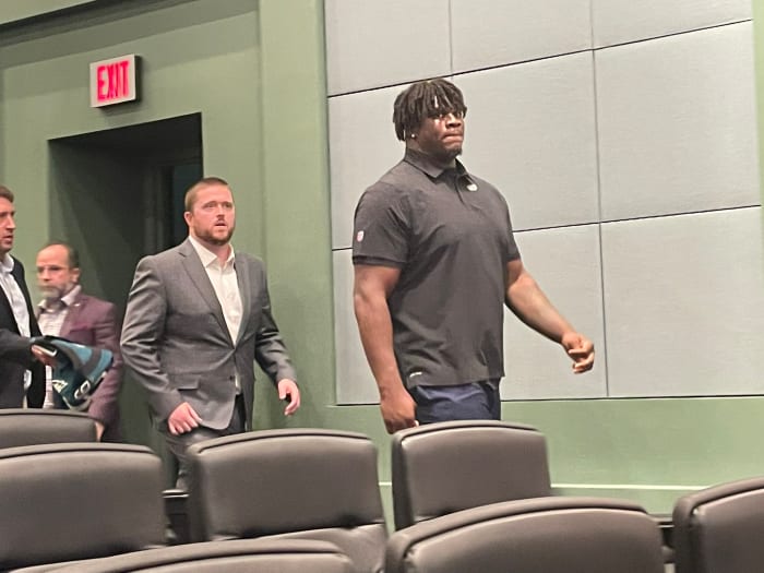 Eagles first-round draft pick Jordan Davis arrives for his introductory press conference at the NovaCare Complex